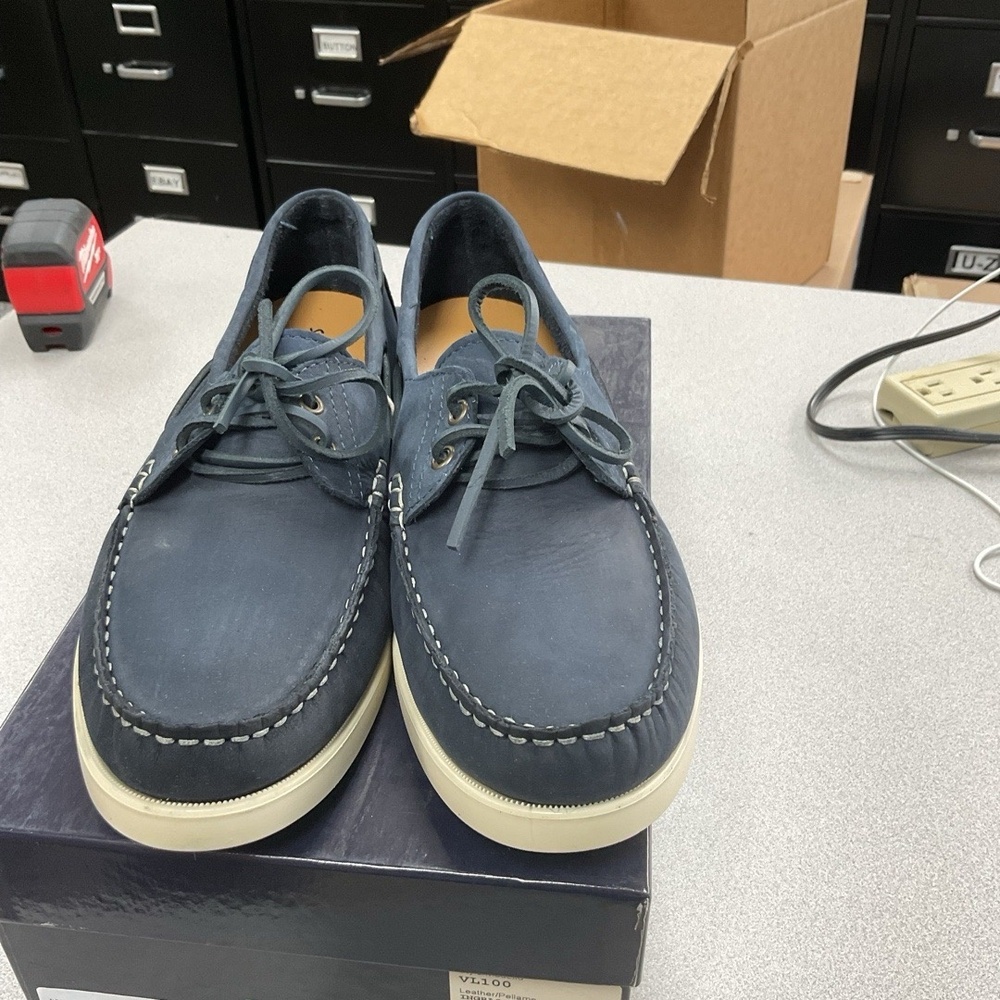 NWT Stefano Bonfiglioli Mens Blue Leather Boat Shoes Moc-Toe Classic Nautical